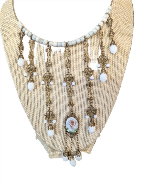 Vintage Jewelry - Vintage Choker Statement BOHEMIAN Hippie White Floral Drop  Chunky 1970